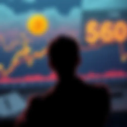 A person contemplating investing in Bitcoin, looking at a graph showing Bitcoin prices rising to $60k, with notes on different investment strategies nearby.