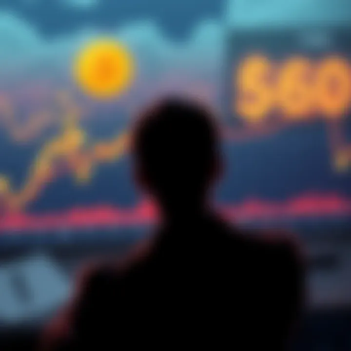A person contemplating investing in Bitcoin, looking at a graph showing Bitcoin prices rising to $60k, with notes on different investment strategies nearby.