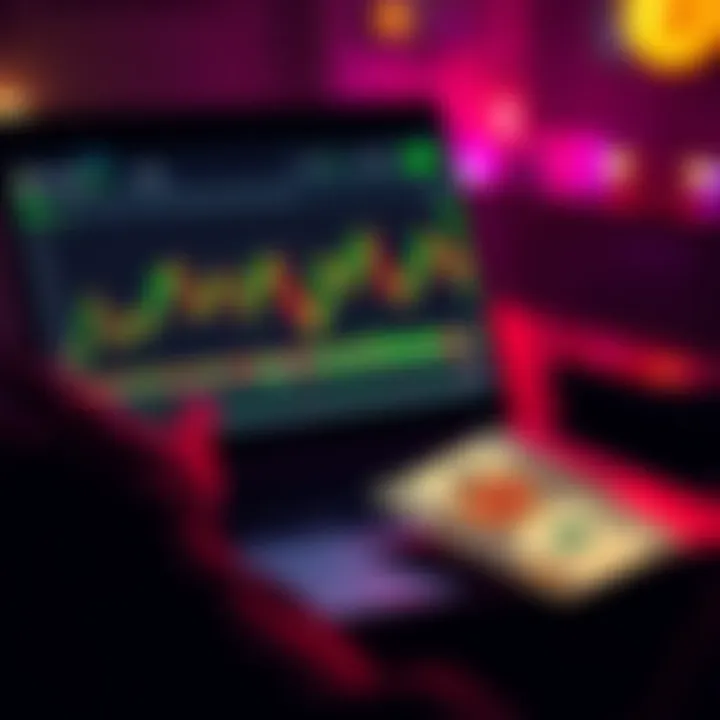 A person analyzing a Bitcoin chart on a laptop with a $50 bill beside it