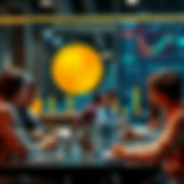 Bitcoin Investment Discussion A group of diverse investors discussing Bitcoin at a table, with charts and laptops in front of them.