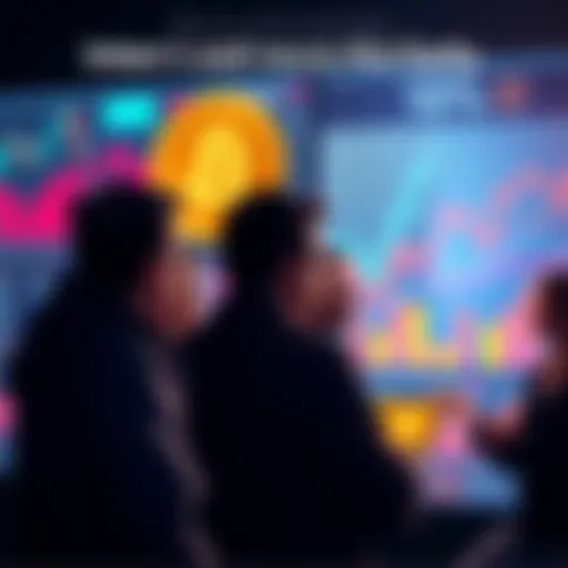 Group of people discussing Bitcoin investment strategy with charts and graphs in the background