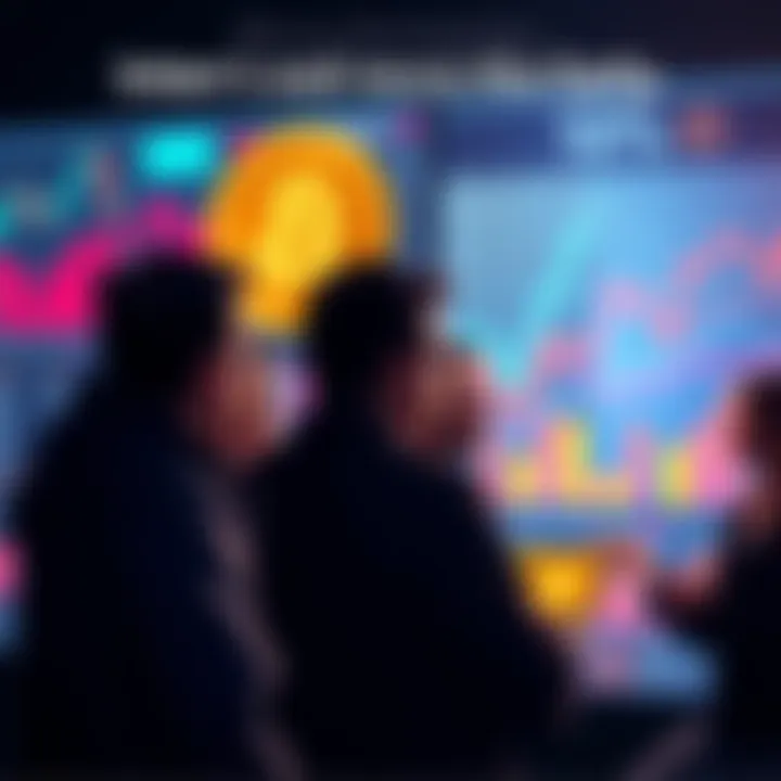 Group of people discussing Bitcoin investment strategy with charts and graphs in the background