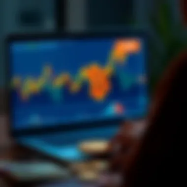 A person looking at a Bitcoin chart on a laptop with money beside them, symbolizing investment in Bitcoin.