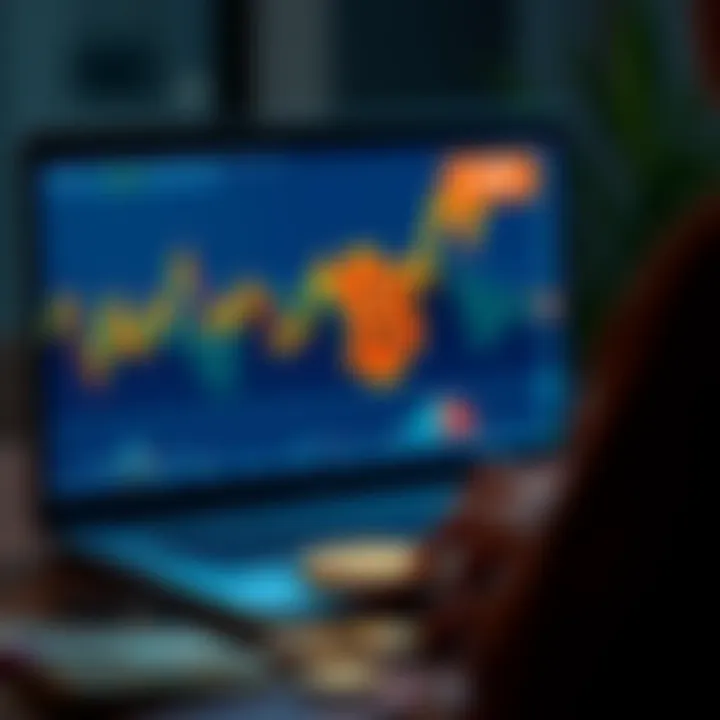 A person looking at a Bitcoin chart on a laptop with money beside them, symbolizing investment in Bitcoin.