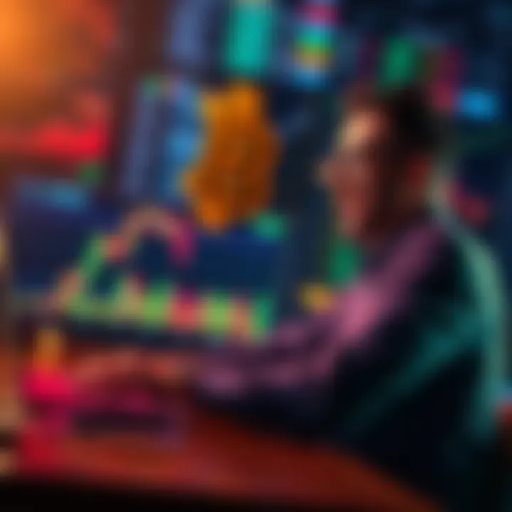 A person analyzing Bitcoin charts and trends on a laptop, looking excited about potential profits.