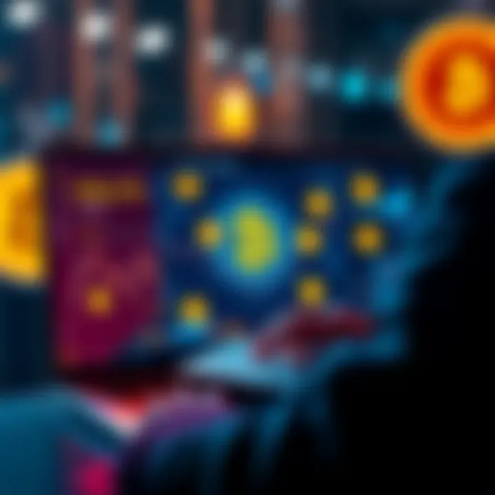 A person analyzing different crypto platforms on a laptop with Bitcoin symbols on the screen.