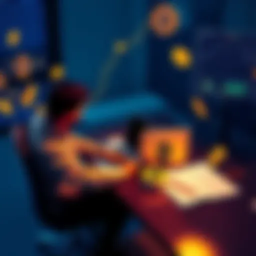 A person sitting at a desk with a laptop, researching Bitcoin investment options, surrounded by digital currency symbols and a notepad with investment tips.