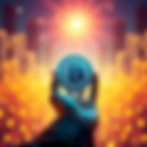 A person holding a Bitcoin symbol with a bright future background