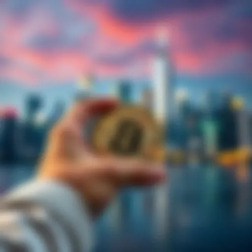 A person holding a Bitcoin in front of a blurred city skyline, symbolizing financial security during economic uncertainty.