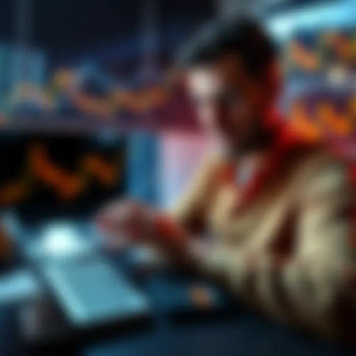 A person analyzing their weekly Bitcoin purchases with a calculator and charts in front of them, showing financial growth and market trends.