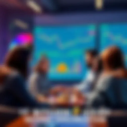 A diverse group of people discussing Bitcoin investment in a casual setting, with charts and graphs on a screen showing market trends.