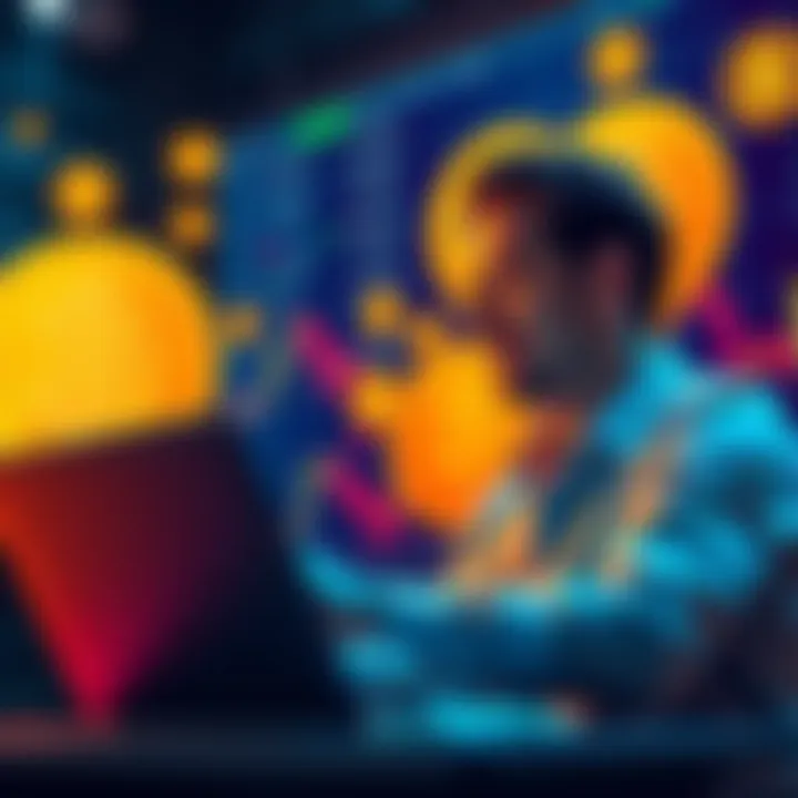 A person looking at Bitcoin charts on a laptop, excited about potential profits, with Bitcoin symbols in the background.