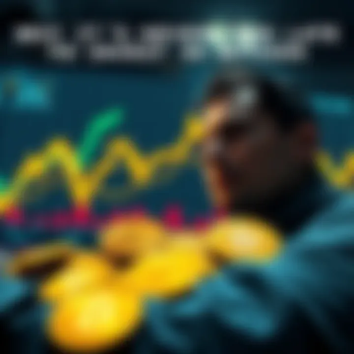 A person looking at a chart showing Bitcoin's rising value with coins in the foreground.