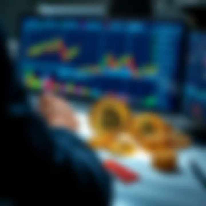 A person analyzing cryptocurrency charts and Bitcoin coins on a desk, contemplating investment strategies.