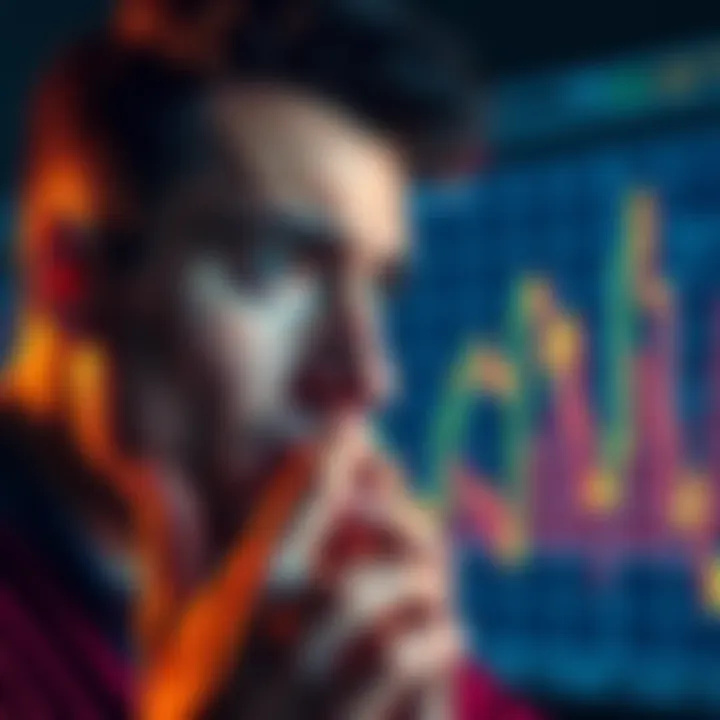 A person looking at a Bitcoin chart with expressions of doubt and concern, symbolizing psychological challenges in investing.