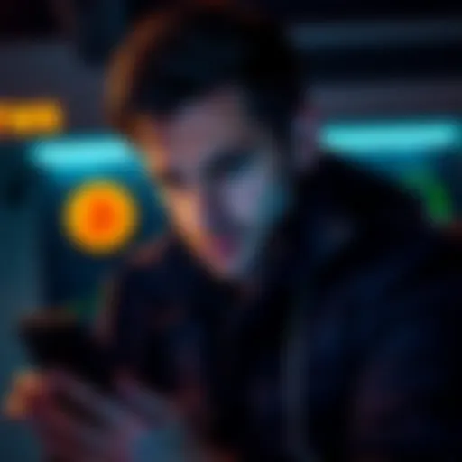 A person looking disappointed while checking Bitcoin prices on a phone, with a graph showing a rise in value, symbolizing missed investment opportunities.