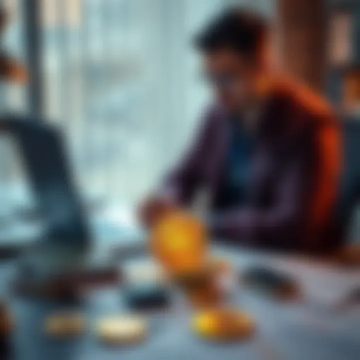 Individual sitting at a desk with a laptop, looking at cryptocurrency information, surrounded by notes and a secure wallet prototype, representing safe Bitcoin investing.