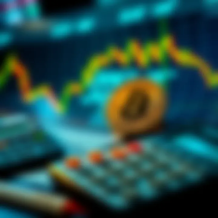 A visual representation of dollar-cost averaging strategies for Bitcoin investment, showing graphs and a calculator in a financial setting.