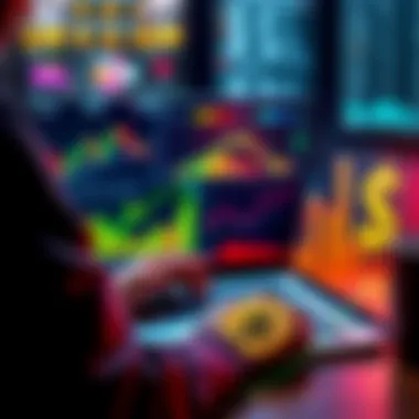 A person analyzing Bitcoin charts on a laptop, with graphs and dollar signs representing passive income growth in crypto.