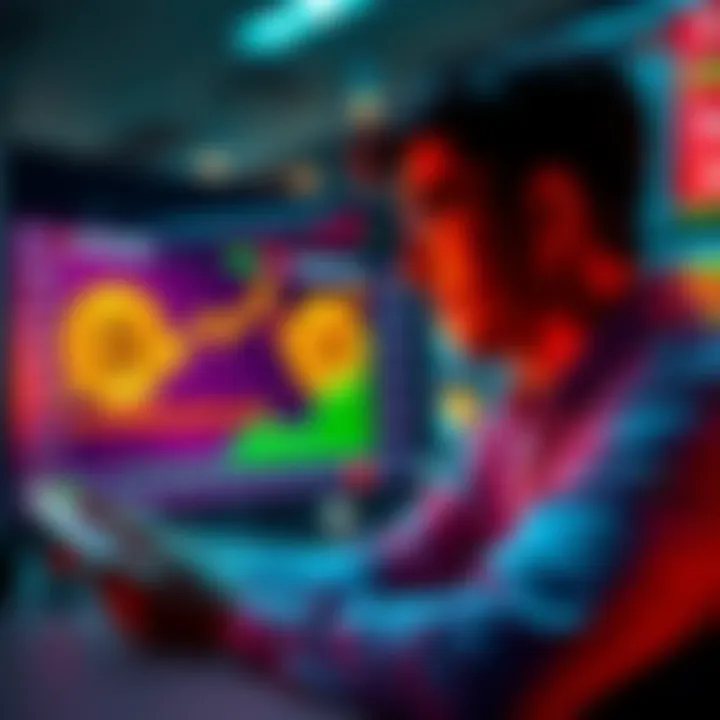 A person analyzing Bitcoin investment strategies with charts showing daily, weekly, and monthly performance