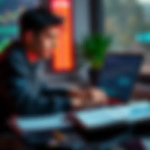 A young adult analyzing Bitcoin investment charts and dollar-cost averaging graphs on a laptop, with financial documents beside them.