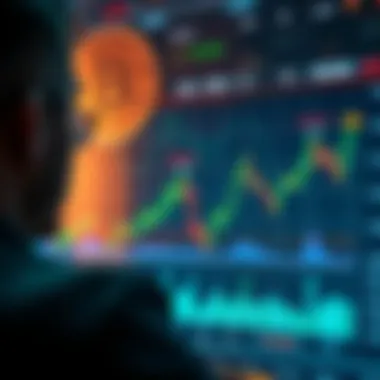 A person looking at a graph showing Bitcoin price trends with daily investment amounts noted, indicating a commitment to buy during dips.