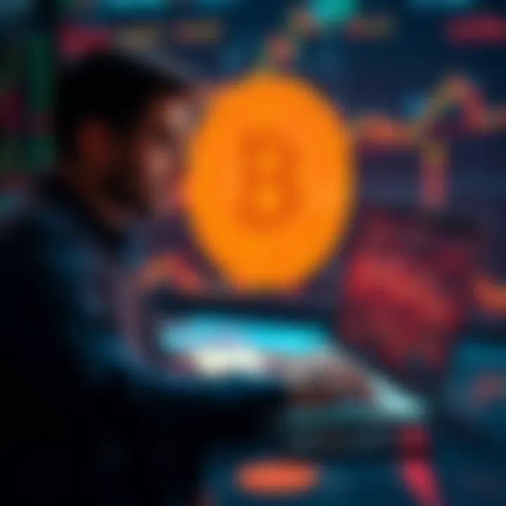 A person analyzing Bitcoin trends on a laptop with charts and graphs in the background, symbolizing long-term investment planning.