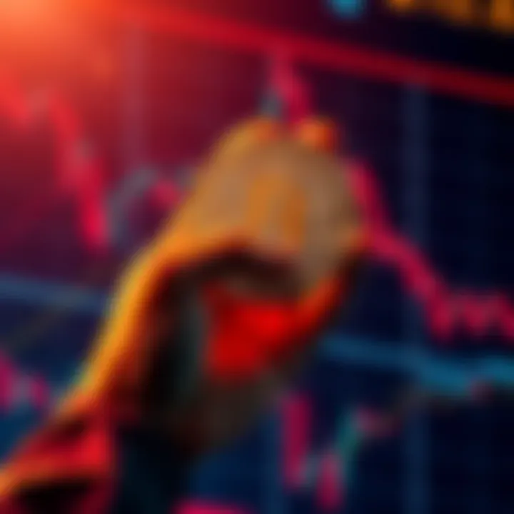 A hand holding a Bitcoin above stock market charts showing a downward trend.