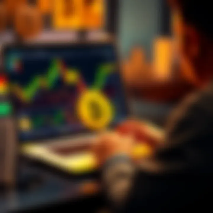 A person analyzing Bitcoin trends on a laptop with charts and graphs on the screen.