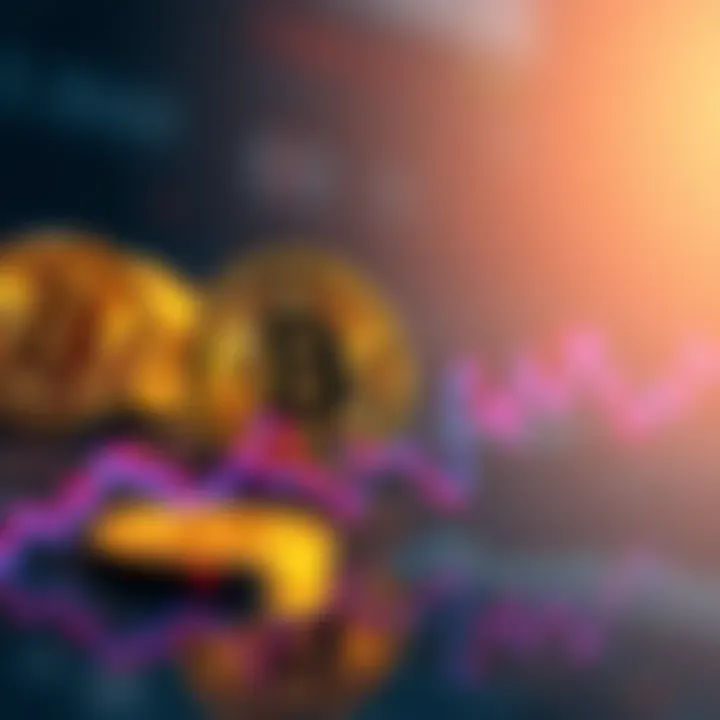 A visual representation showing Bitcoin symbols alongside fluctuating market trend lines, symbolizing investor beliefs and trends in cryptocurrency,