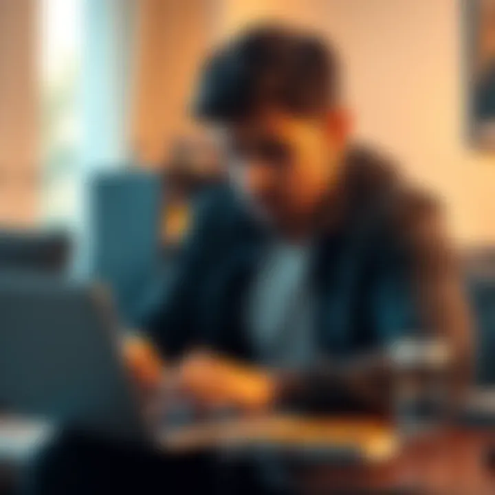 A Bitcoin investor looking concerned while checking cryptocurrency prices on a laptop in a home setting.
