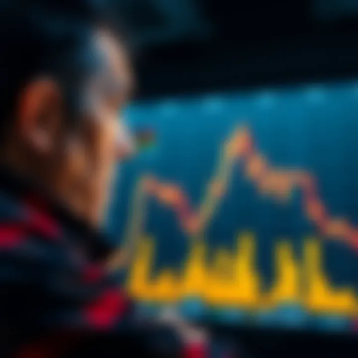 A worried investor stares at a chart showing a decline in Bitcoin prices, struggling with the decision to sell or hold onto their investment.