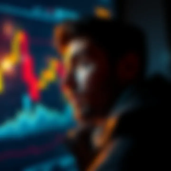 An investor looking at a graph showing Bitcoin's price drop, pondering his investment choices.