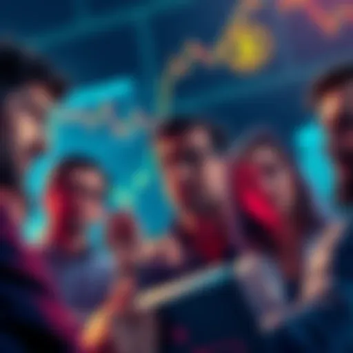 A group of worried investors discussing their losses in Bitcoin, surrounded by charts and graphs showing declining values.