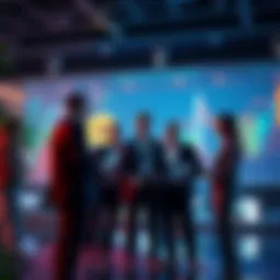 A group of corporate professionals discussing Bitcoin investments with charts and graphs in the background.