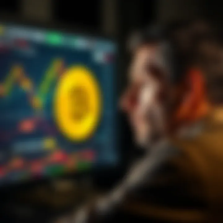 A person looking at a computer screen displaying Bitcoin and dollar graphs, with a thoughtful expression, symbolizing the focus on market values versus Bitcoin's fundamental value.