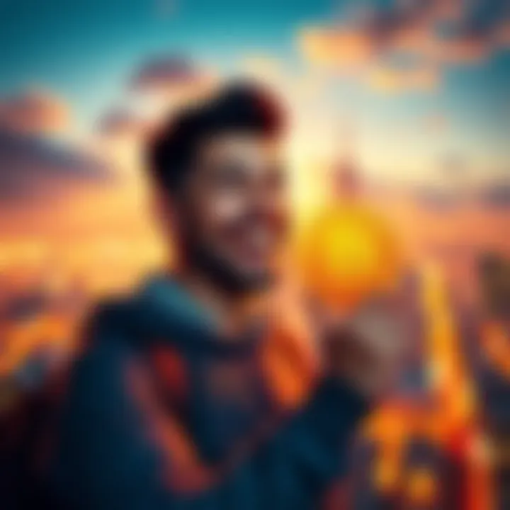 A person celebrating their achievement of owning 0.5 BTC, smiling and holding a Bitcoin symbol with a city skyline in the background.