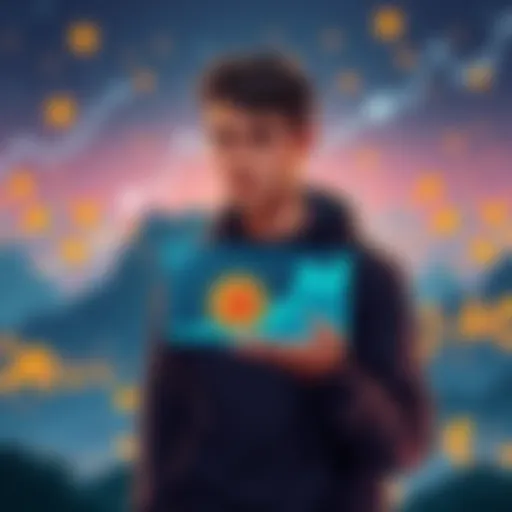 An individual looking at a chart showing Bitcoin growth from 2013 to 2026, symbolizing their financial journey.
