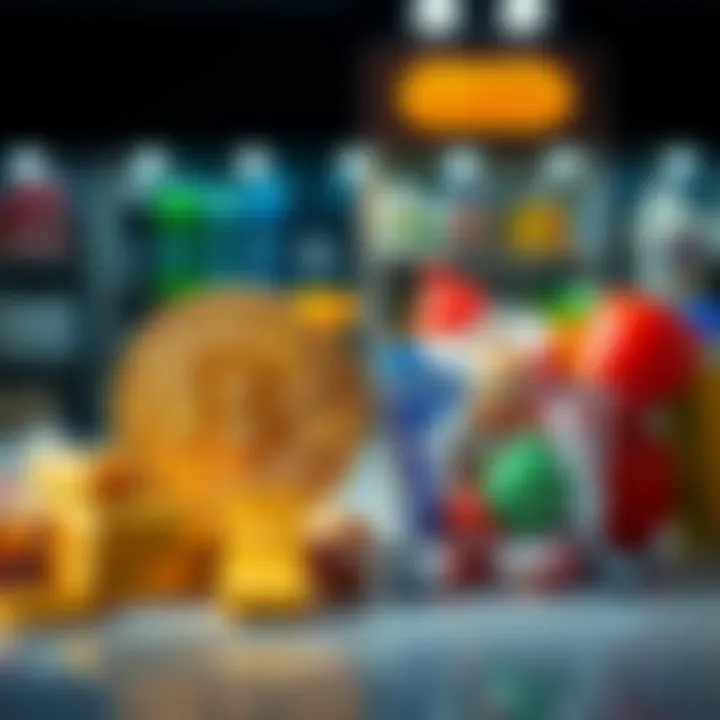 Bitcoin and Kaspa Comparison A visual comparison of Bitcoin as a store of value and Kaspa as a currency for spending, showing Bitcoin represented by gold bars and Kaspa represented by everyday shopping items like groceries and ca...