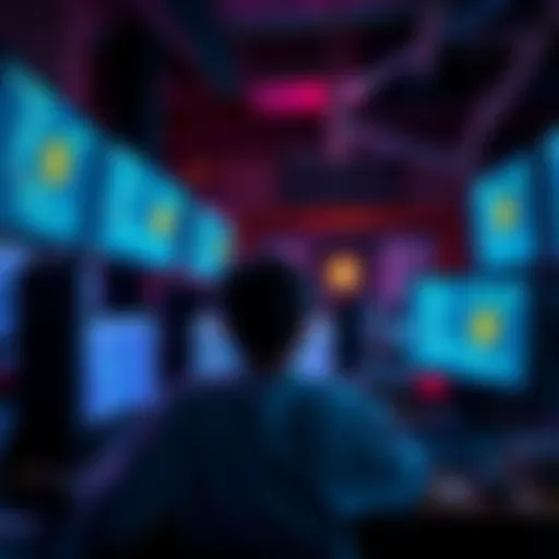A group of people working together on computers, trying to guess private keys for Bitcoin wallets. Screens display code and Bitcoin symbols, indicating collaborative efforts to find funds.