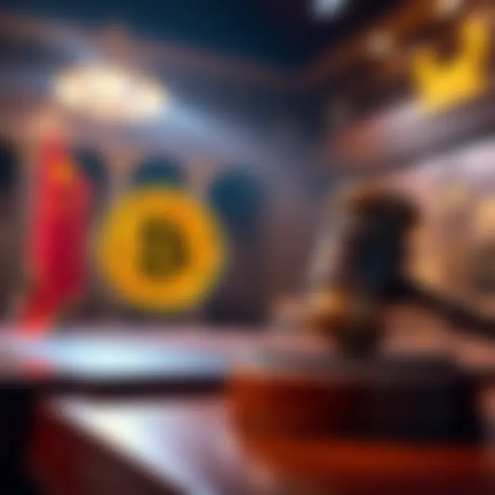 Bitcoin as Legal Property A courtroom setting with a judge's gavel and a Bitcoin symbol representing legal recognition of cryptocurrency in China.