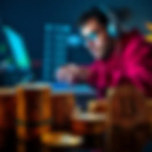 A person examining Bitcoin lending options on a laptop, with stacks of Bitcoin coins in the foreground.
