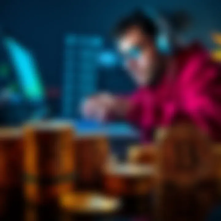 A person examining Bitcoin lending options on a laptop, with stacks of Bitcoin coins in the foreground.