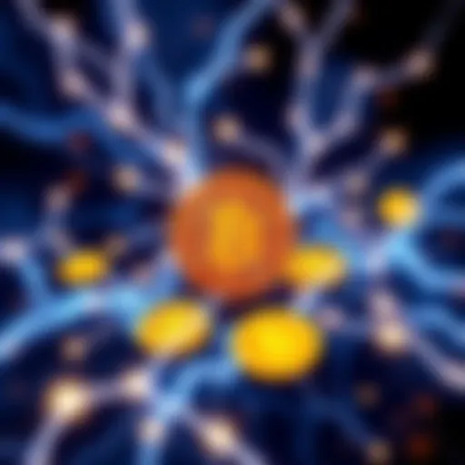 An illustration showing the Lightning Network concept with fast transactions and Bitcoin symbols.