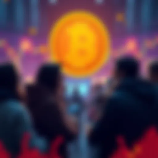 A group of Bitcoin enthusiasts discussing limit orders to influence prices, with digital currency symbols and charts in the background.