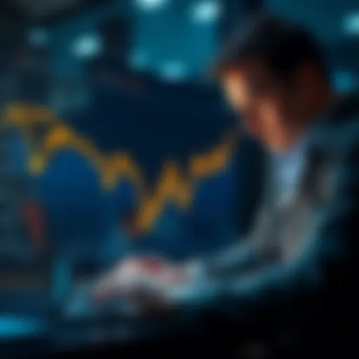 A graph showing declining Bitcoin liquidity levels and a worried investor looking at a laptop
