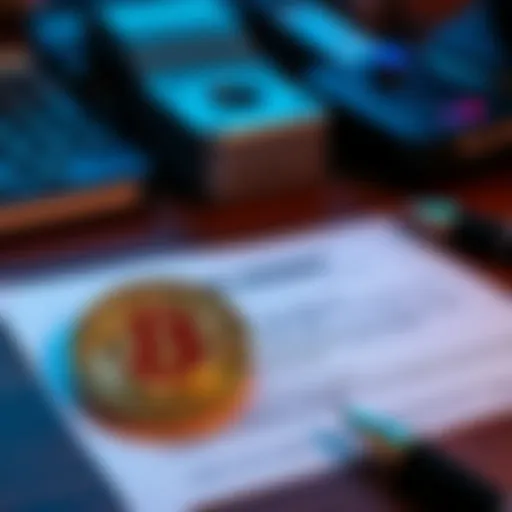 A Bitcoin coin placed next to a loan agreement document, symbolizing the risks of using Bitcoin as collateral for loans.