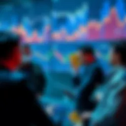 A group of institutional investors discussing Bitcoin trends with charts and graphs in the background.