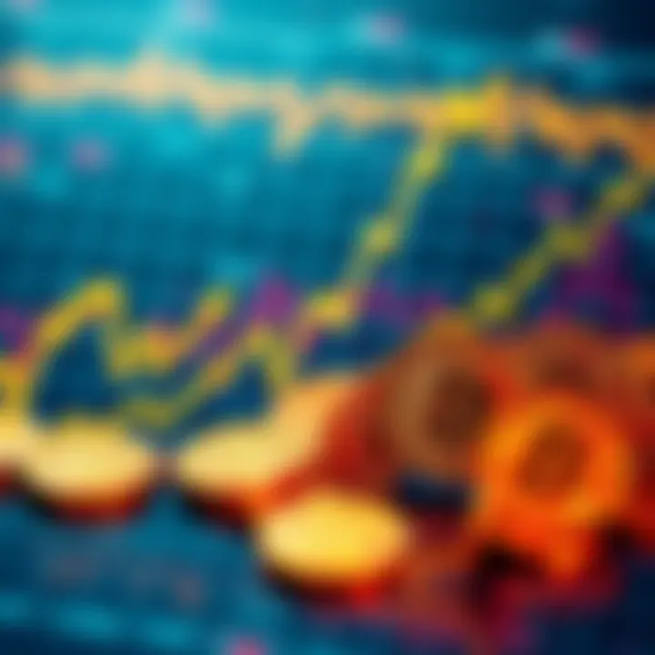 A visual representation of Bitcoin's market fluctuations, showing upward and downward trends on a graph with Bitcoin symbols.