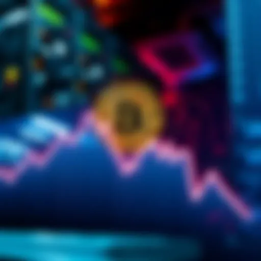 A graph showing a downward trend in Bitcoin's price with an image of mining equipment in the background, symbolizing financial strain on miners.